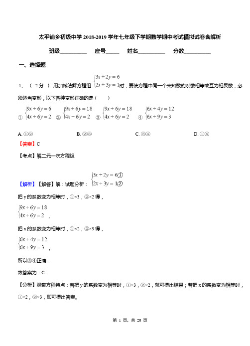 太平铺乡初级中学2018-2019学年七年级下学期数学期中考试模拟试卷含解析