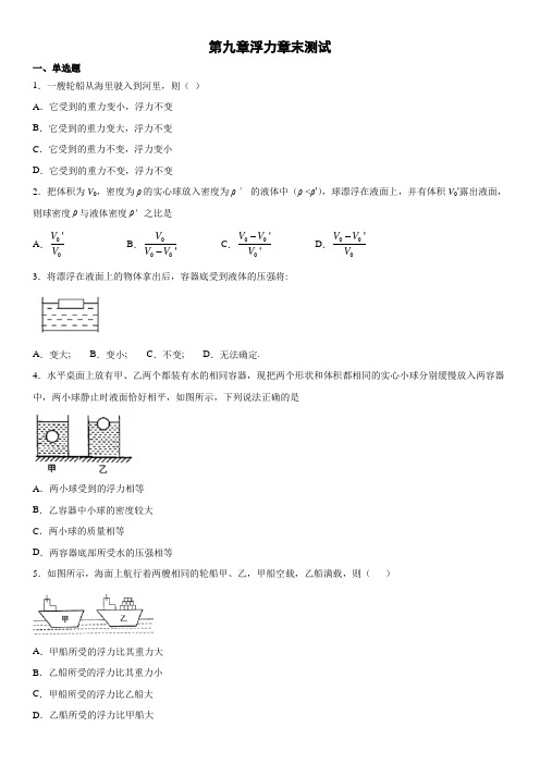 2019-2020年沪科版物理八年级全一册第九章浮力章末测试(有答案)