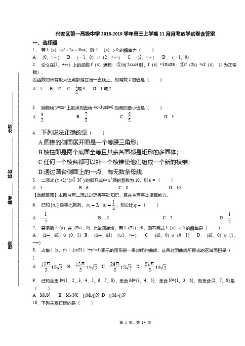 兴安区第一高级中学2018-2019学年高三上学期11月月考数学试卷含答案