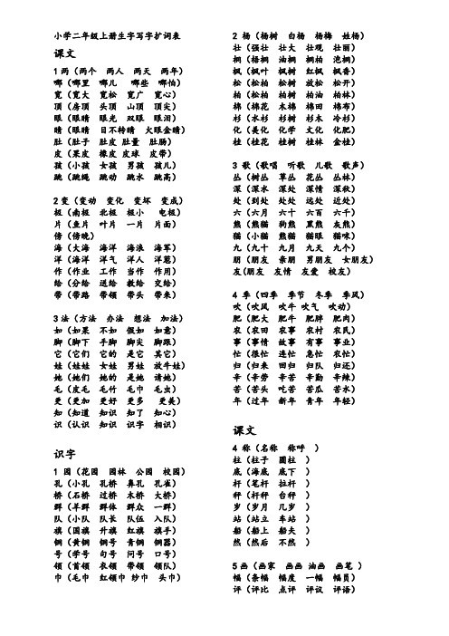 小学二年级上册生字写字扩词表