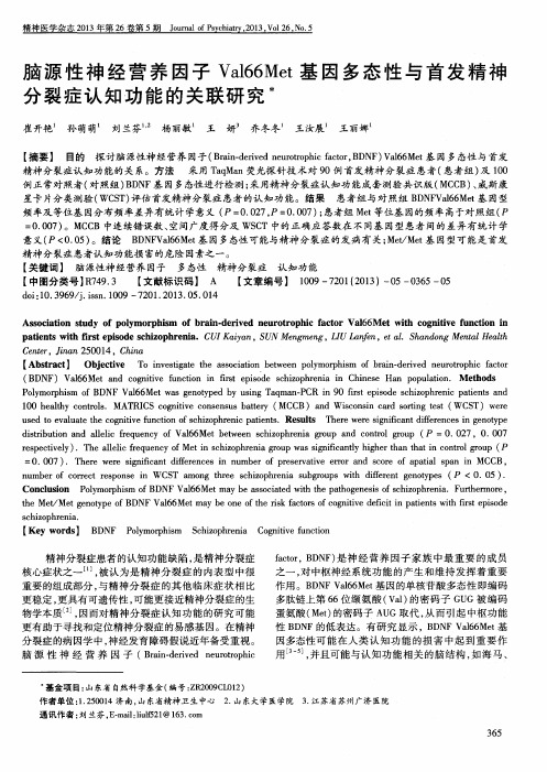 脑源性神经营养因子Val66Met基因多态性与首发精神分裂症认知功能的关联研究