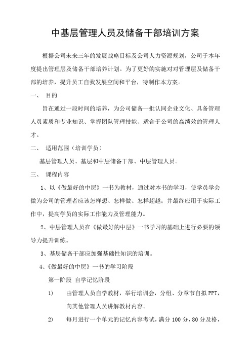 企业中层基层管理人员及储备干部培训方案