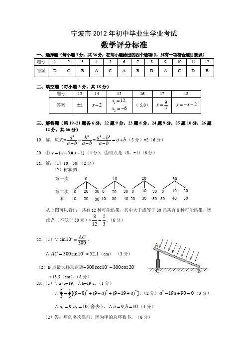 宁波市2012年初中毕业生学业考试数学答案