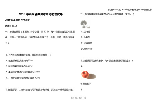 (完整word版)2019年山东省潍坊市中考物理试卷