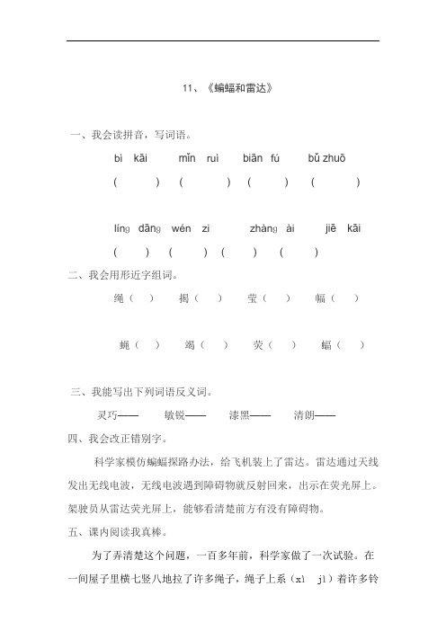 人教版四年级语文下册11、蝙蝠和雷达(练习题)