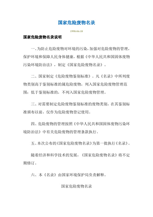 国家危险废物名录(98版)