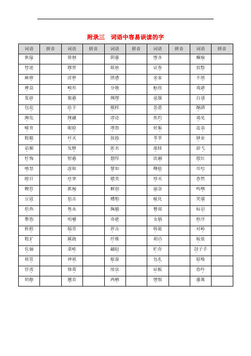 广东省广州市2017年中考语文总复习 第一部分 基础 第一章 语音 附录三 词语中容易误读的字素材