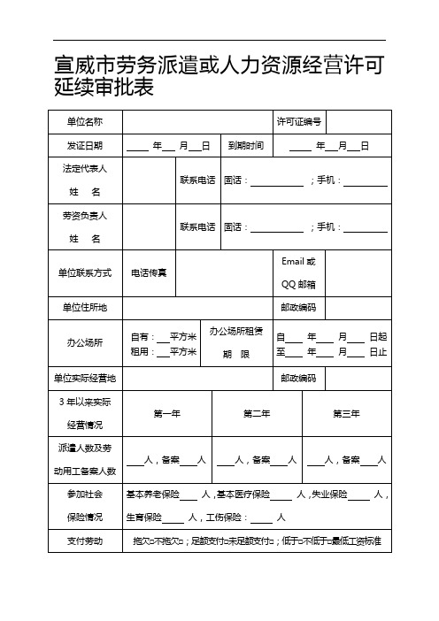 劳务派遣经营或人力资源公司许可延续审批表