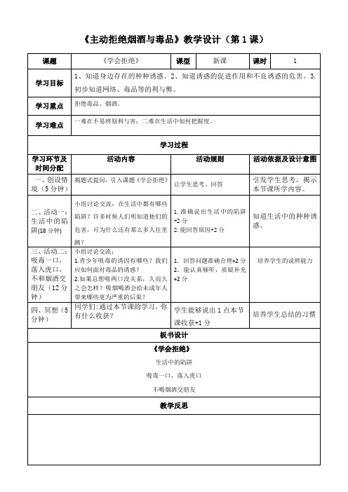 11主动拒绝烟酒与毒品教案
