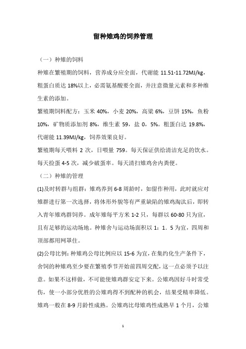 留种雉鸡的饲养管理