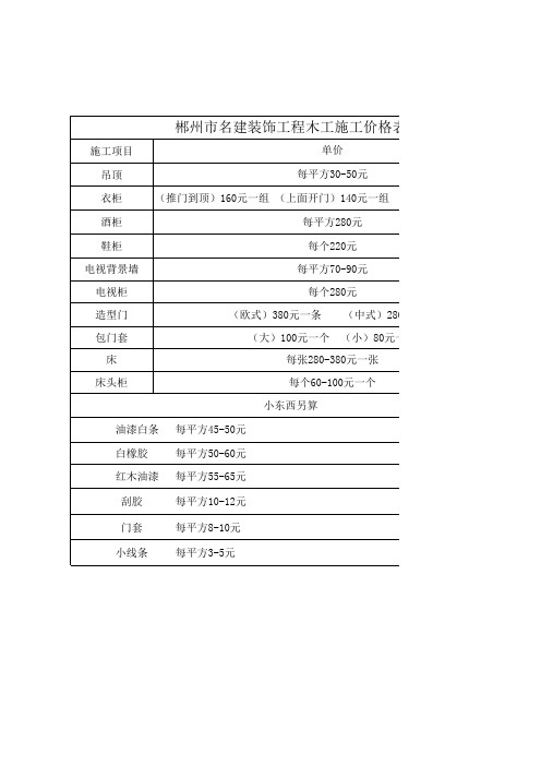 木工施工价格表