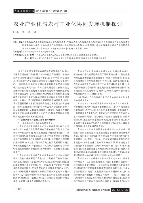 农业产业化与农村工业化协同发展机制