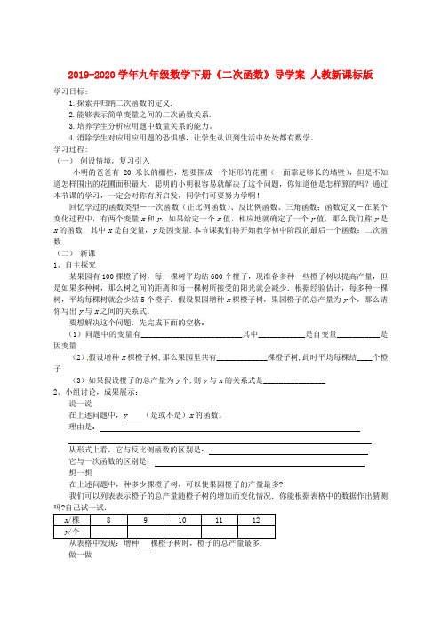 2019-2020学年九年级数学下册《二次函数》导学案 人教新课标版.doc