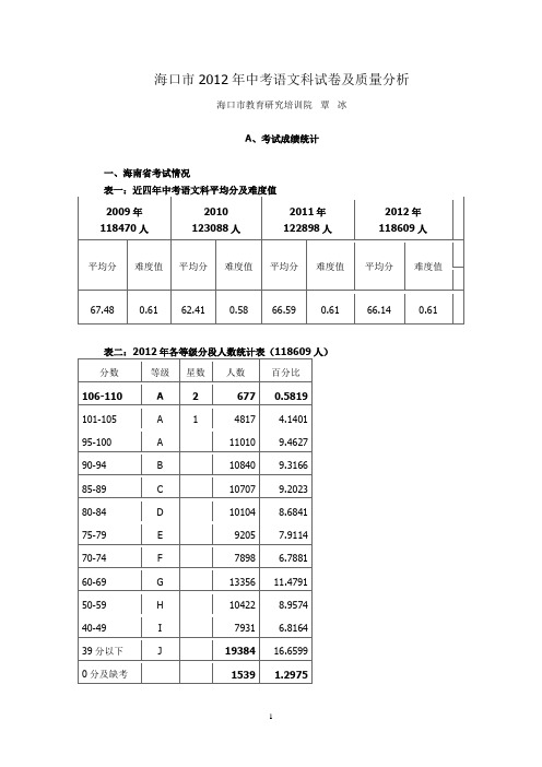 海口市2012年中考语文科试卷及质量分析