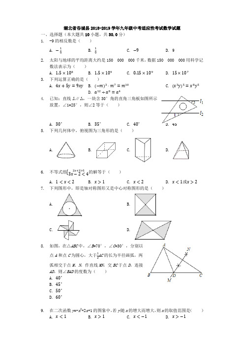 湖北省谷城县2018-2019学年九年级中考适应性考试数学试题-解析版