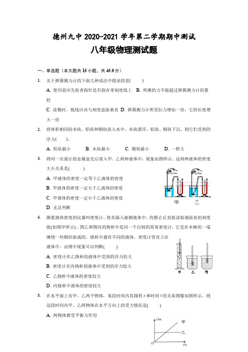 2020-2021学年山东省德州市德城区第九中学八年级下学期期中物理试卷(含答案)