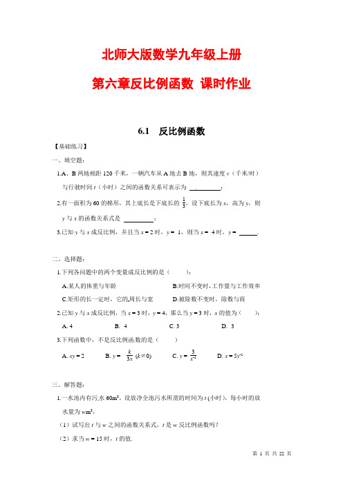 北师大版数学九年级上册第六章反比例函数 课时练试题及答案