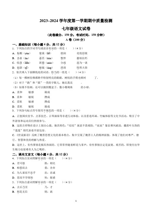 湖北省武汉市江汉区2023-2024学年七年级上学期期中语文试题