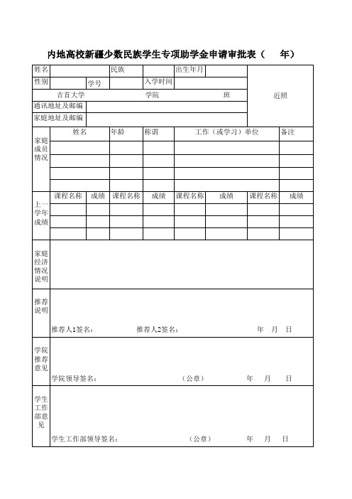 内地高校新疆少数民族学生专项助学金申请表(学生用)
