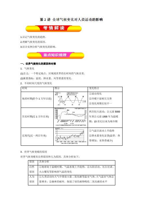 2019年高考地理一轮复习精品导学案：(必修Ⅰ)专题5.2 全球气候变化对人类活动的影响(解析版)