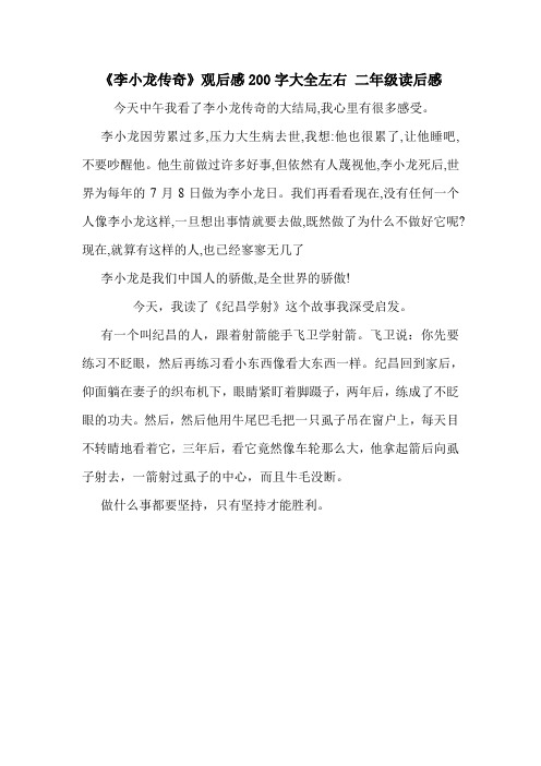 《李小龙传奇》观后感200字大全左右 二年级读后感