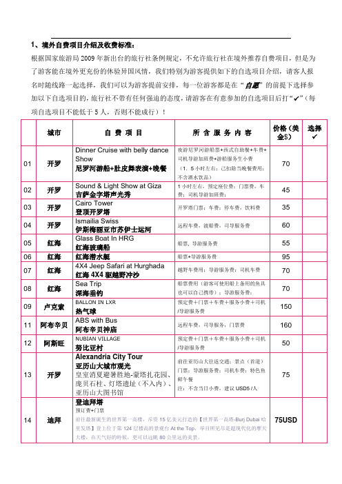 1、境外自费项目介绍及收费标准：