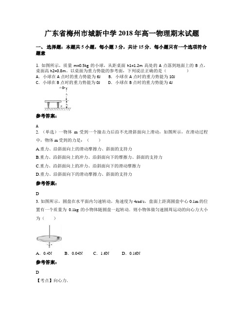 广东省梅州市城新中学2018年高一物理期末试题