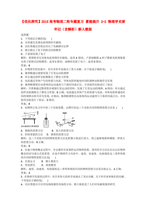 【优化探究】高考物理二轮专题复习 素能提升 2-2 物理学史要牢记(含解析)新人教版