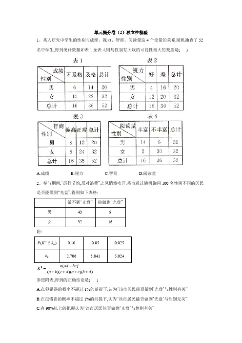 高二数学北师大版选修1-2单元提分卷：(2)独立性检验  