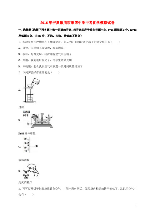 宁夏银川市景博中学中考化学模拟试卷(含解析)