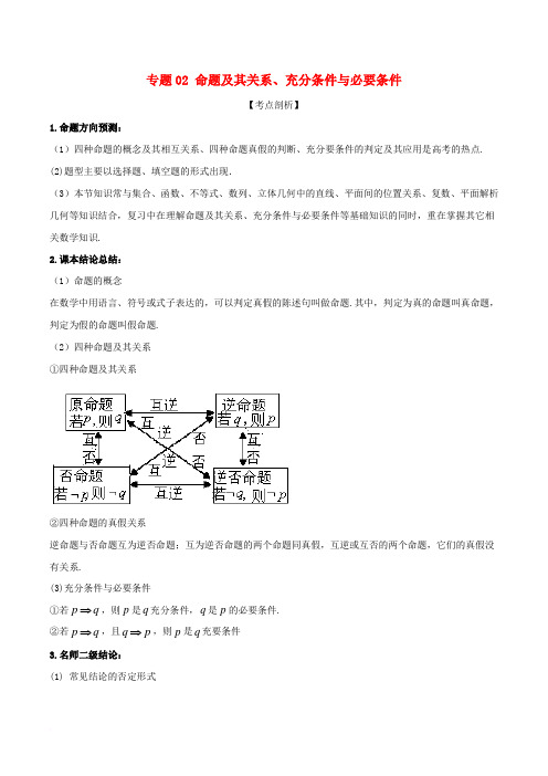 2019届高考数学 提分必备30个黄金考点 专题02 命题及其关系、充分条件与必要条件学案 文