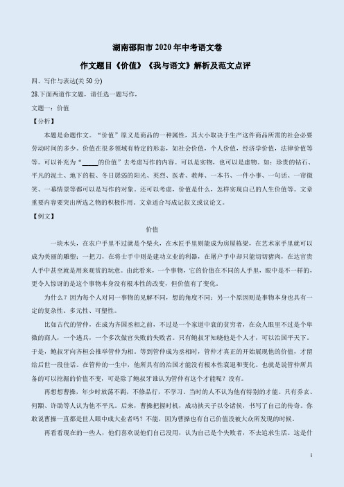 湖南邵阳市2020年中考语文卷作文题目《价值》《我与语文》解析及范文点评