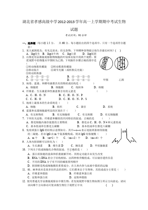 湖北省孝感高级中学2012-2013学年高一上学期期中考试生物试题