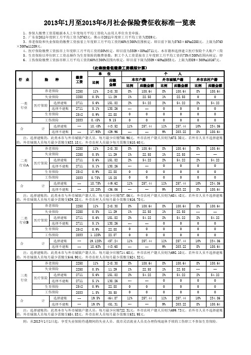 2013年1月至6月社会保险费征收标准一览表(佛山)