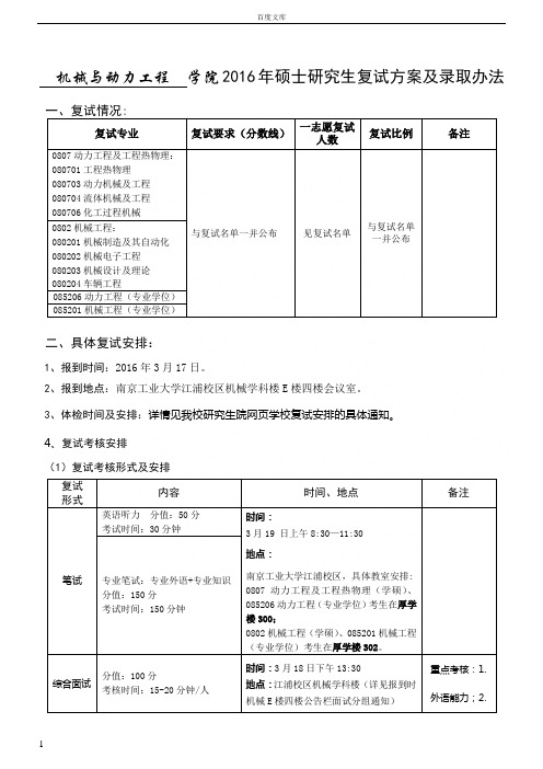 机械与动力工程学院2016年硕士研究生复试方案及录取办法