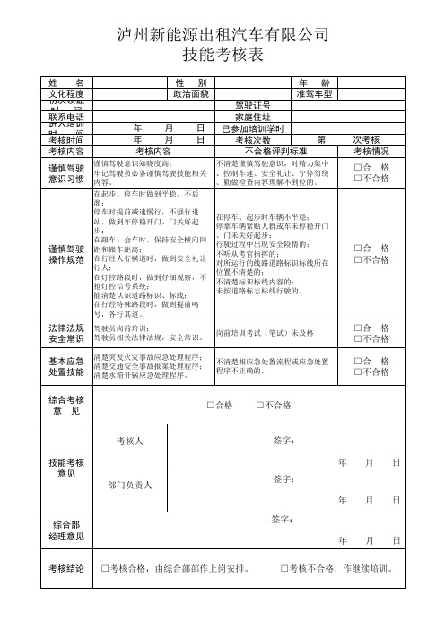 驾驶员技能考核表