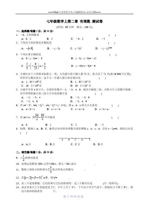 七年级数学上第二章-有理数-测试卷(附答案)