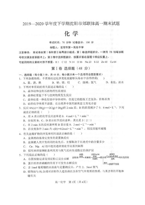 辽宁省沈阳市郊联体2019-2020学年高一下学期期末考试化学试题 PDF版