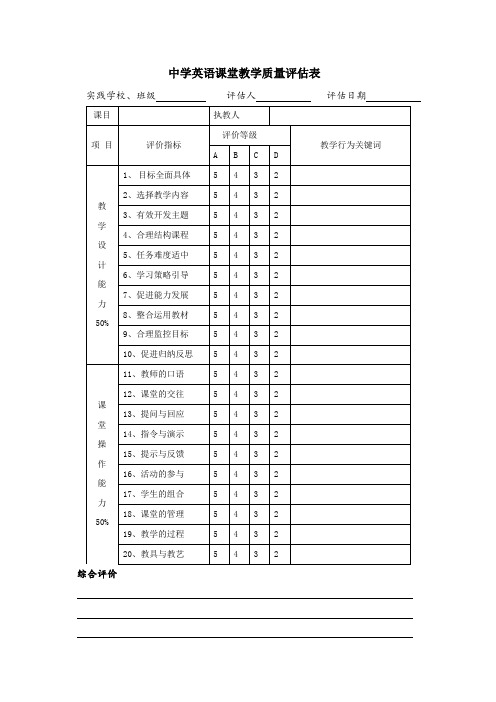 中学英语教师课堂教学质量评估表