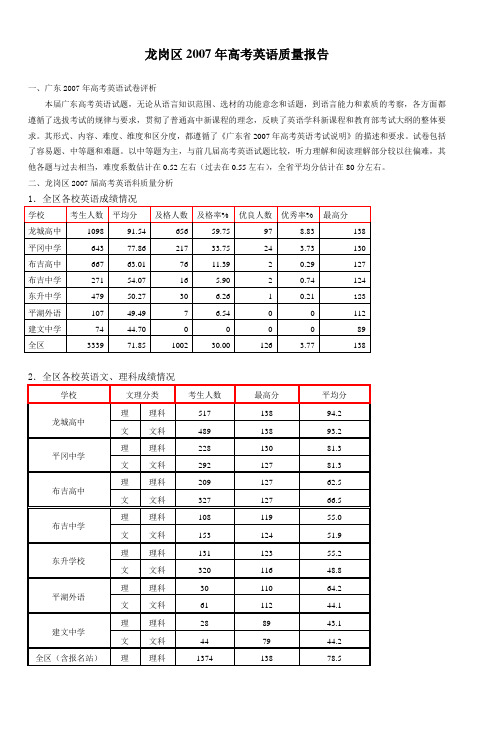 龙岗区2007年高考英语质量报告