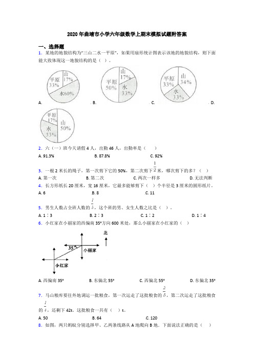 2020年曲靖市小学六年级数学上期末模拟试题附答案