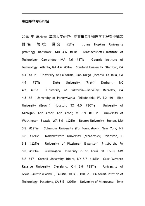 美国生物专业排名