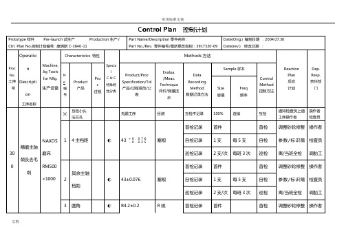 Control Plan  控制计划清单样本