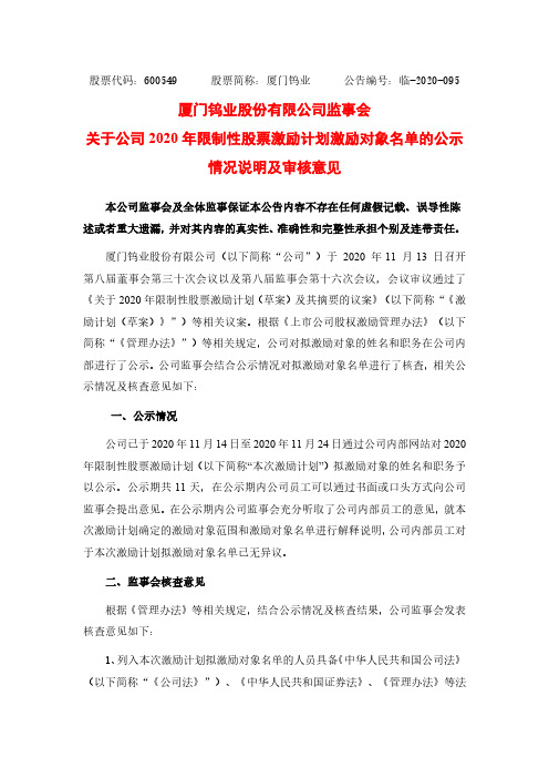 600549厦门钨业监事会关于公司2020年限制性股票激励计划激励对象2020-12-04