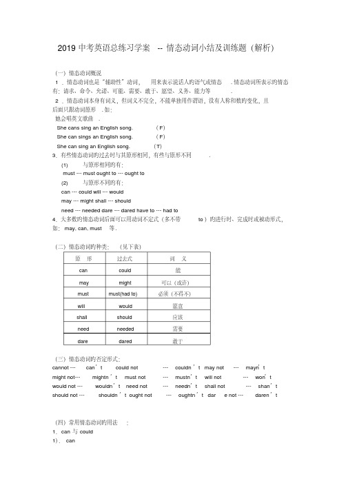 2019中考英语总练习学案--情态动词小结及训练题(解析)