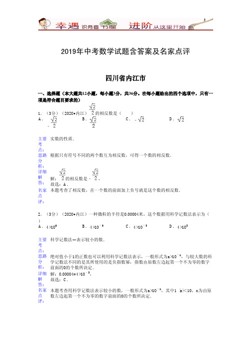 2019年中考数学试题含答案及名家点评：内江市