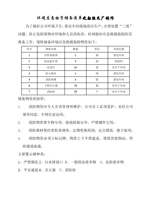 环境应急物资储备清单