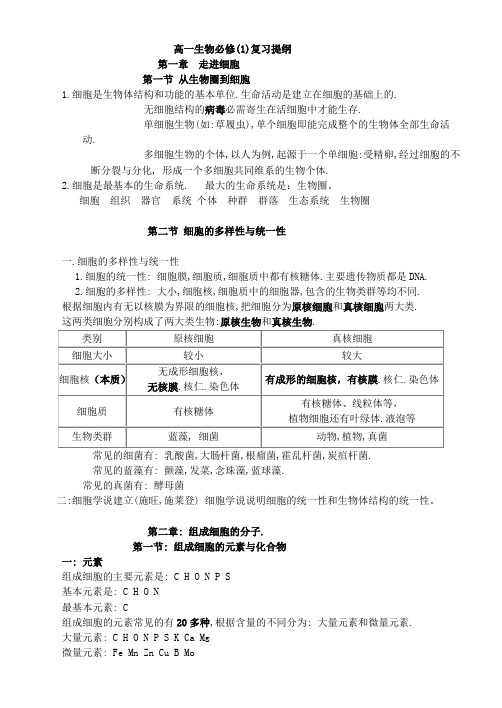 高一生物必修(1)复习提纲