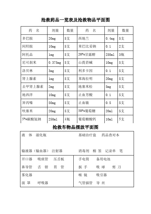 急救车抢救药品一览表及抢救物品平面