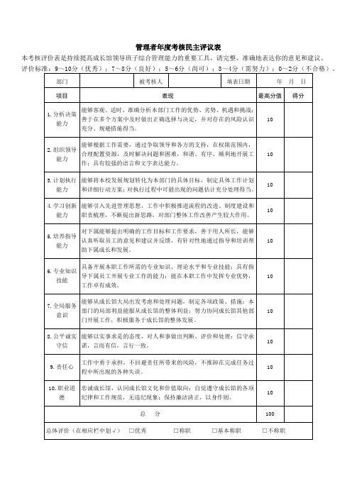 管理者年度考核民主评议表